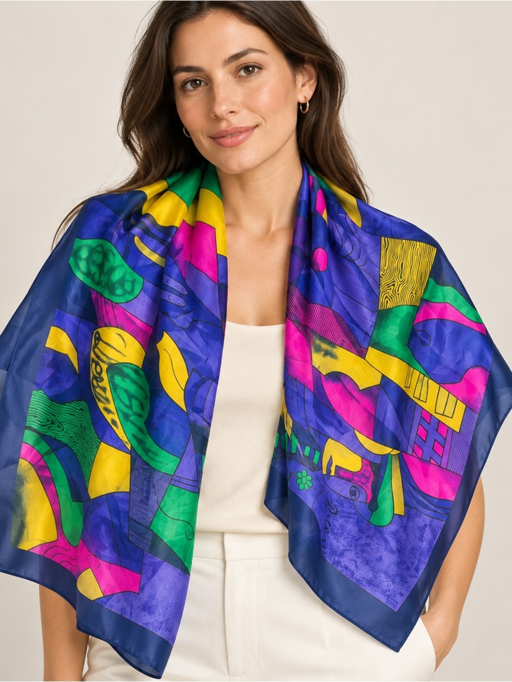 Vintage Picasso Inspired Cubist Abstract Silk Scarf Blue Pink Yellow Green